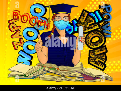 Graduated girl showing a thumbs up sign and a diploma. Stock Vector