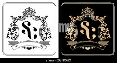SC royal emblem with crown, set of black and white labels, initial letter and graphic name Frames Border of floral designs, SC Monogram, for insignia, initial letter frames border, wedding couple name Stock Vector