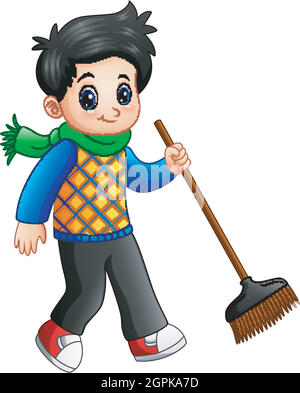 Cartoon boy holding a broom Stock Vector