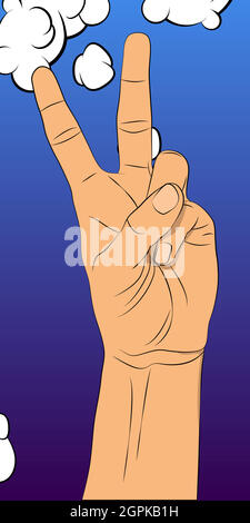 Comic book style illustrated hand is showing two fingers up Stock Vector