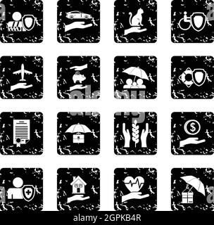 Insurance icons set, grunge style Stock Vector