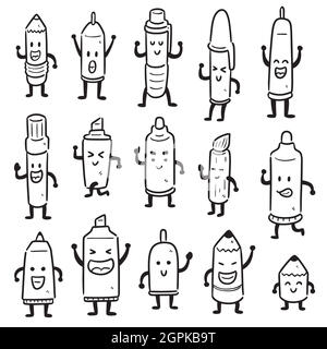 vector set of pen and pencil cartoon Stock Vector