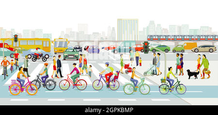 Main streets in a big city with a lot of traffic and pedestrians on the zebra crossing Stock Vector