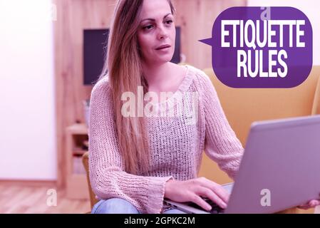 Writing displaying text Etiquette Rules. Business overview customs that control accepted behaviour in social groups Abstract Taking Online Examination Stock Photo