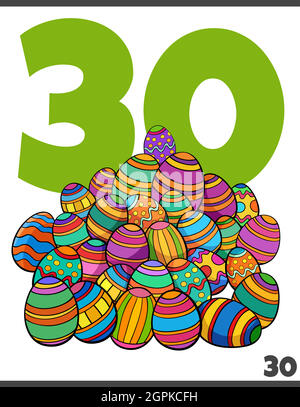 number thirty and cartoon Easter eggs group Stock Vector
