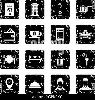 Hotel icons set, grunge style Stock Vector