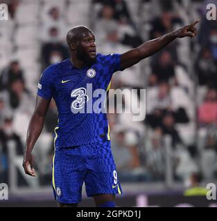 Turin, Italy. 29th Sep, 2021. Chelsea's Romelu Lukaku gestures during the UEFA Champions League Group H match between FC Juventus and Chelsea in Turin, Italy, Sept. 29, 2021. Credit: Federico Tardito/Xinhua/Alamy Live News Stock Photo