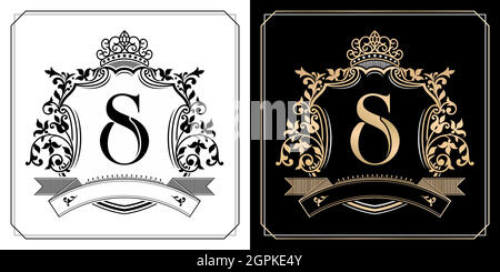 SO royal emblem with crown, initial letter and graphic name Frames Border of floral designs with two variation colors, set of gold framed labels with flowers for insignia, initial letter wedding name Stock Vector