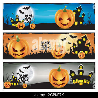 Happy Halloween banner set with scary pumpkins Stock Vector