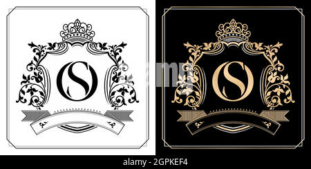 OS royal emblem with crown, initial letter and graphic name Frames Border of floral designs with two variation colors, set of gold framed labels with flowers for insignia, initial letter wedding name Stock Vector