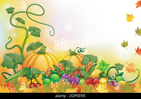 Autumn background with fresh fruits and vegetables Stock Vector