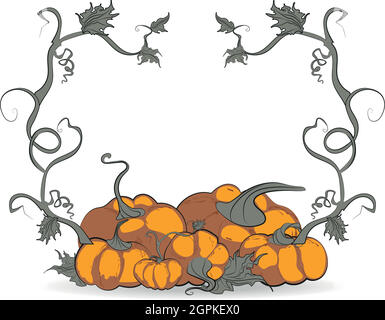 Autumn card, Leaves and pumpkins hand drawn sketch Stock Vector