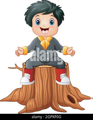 Cartoon happy boy sitting on tree stump Stock Vector