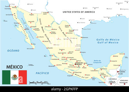 Map of Mexico with national borders, main cities and rivers Stock Vector