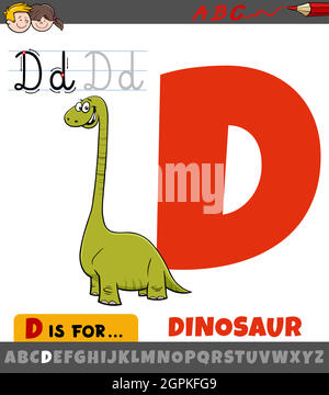 letter D from alphabet with cartoon dinosaur character Stock Vector