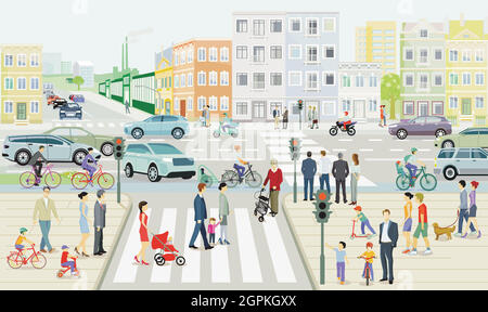 Streets with families and traffic in a city illustration Stock Vector