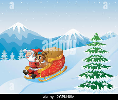 Cartoon santa clause and a reindeer riding on a sleigh with sack of gifts Stock Vector