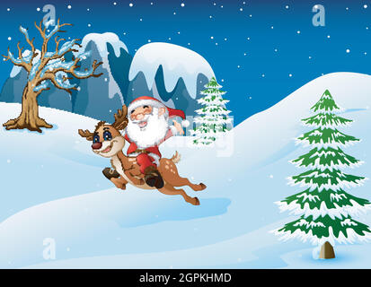 Happy santa claus riding a reindeer on snow downhill Stock Vector