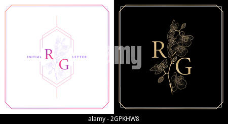 RG or GR monogram with orchid flowers ornament, initial letter and graphic name with golds colors and purple isolated backgrounds, for insignia, initial letter graphic name, couple name letterpress. Stock Vector
