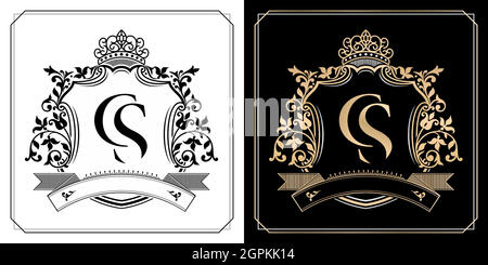 CS royal emblem with crown, set of black and white labels, initial letter and graphic name Frames Border of floral designs, CS Monogram, for insignia, initial letter frames border, wedding couple name Stock Vector