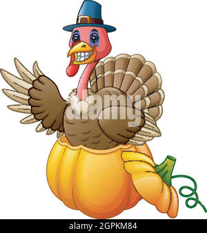 Cartoon turkey with pilgrim hat in the pumpkin Stock Vector