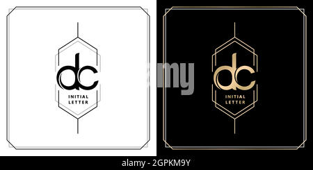DC initial letter and graphic name, DC Monogram model with hexagonal frames, for Wedding couple name, with two color variation designs gold and monochrome with isolated black white background Stock Vector