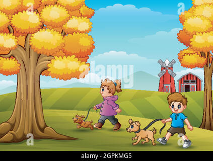Little girl and boy walking with his dogs in farm background Stock Vector