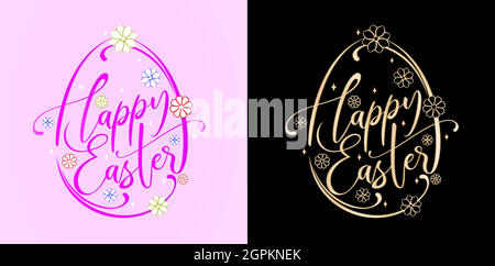 Happy Easter lettering fonts with two variation colors purple and golds isolated backgrounds, Easter egg illustration with floral and swirls pattern, for greeting cards, invitation and banners Stock Vector
