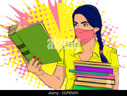 Female student, girl carrying a stack of books and reading, wearing face mask. Stock Vector