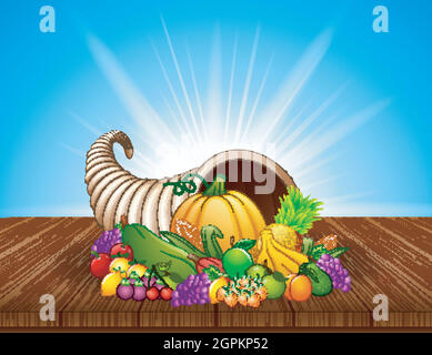 Autumn cornucopia with vegetables and fruits on wooden table Stock Vector