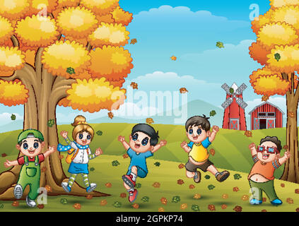 Happy children playing in farm landscape at autumn Stock Vector