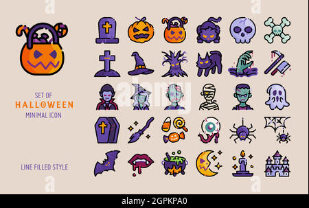 halloween line filled icon style vector set. Spooky and horror scary concept celebration isolated on dark background Stock Vector