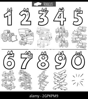 black and white educational numbers set with cartoon vehicles Stock Vector