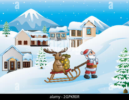 Cartoon funny santa claus pulling reindeer on a sleigh with sack of gifts Stock Vector