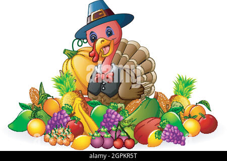 Thanksgiving day turkey with fruits and vegetables Stock Vector