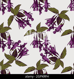 Hand drawn bloom fuchsia flowers, engraving floral seamless pattern abstract background wallpaper vector on white. Line art botanical wrapping illustration for graphic design print. Purple green color Stock Vector