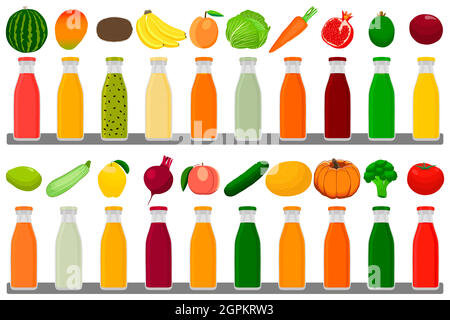 glass bottles with caps filled liquid multicolored fruit juice Stock Vector