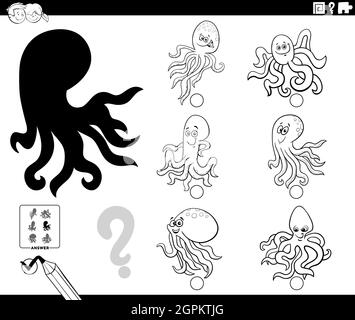 shadows game with cartoon octopuses coloring book page Stock Vector