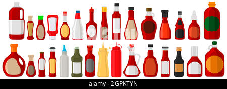 Illustration on theme big kit varied glass bottles filled liquid red wine vinegar Stock Vector