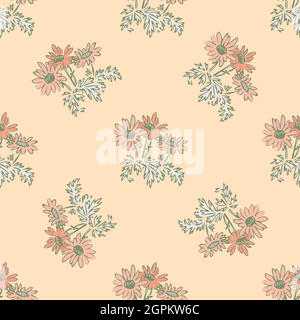 Hand drawn engraving chamomile flowers, floral bloom seamless pattern abstract background wallpaper vector. Line art botanical illustration for graphic design, print. Trendy nature pastel colors Stock Vector