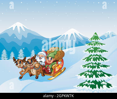 Cartoon santa claus with elf riding on a sleigh with bag of gifts pulled by reindeer Stock Vector