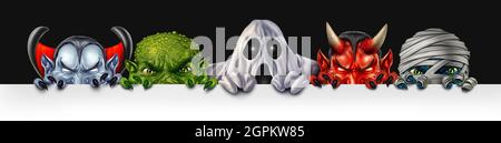 Monster group banner with Mummy ghost and vampire monsters peeking behind a blank white sign with an angry creepy green zombie mutant hiding. Stock Photo