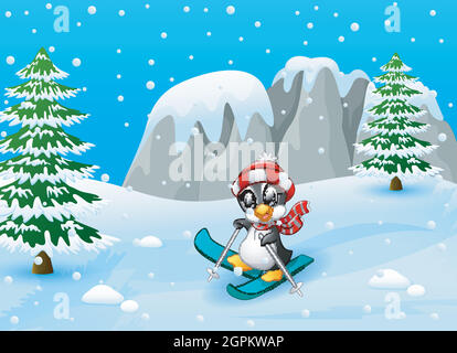 Vector illustration of Cute penguin skiing on winter Stock Vector