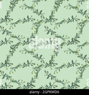 Eucalyptus tree branch with buds drawing, floral seamless pattern, nature abstract background vector. Line art botanical illustration graphic design print, fabric. Trendy green mint colors wallpaper Stock Vector