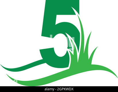 Number 5 behind a green grass icon logo design vector Stock Vector