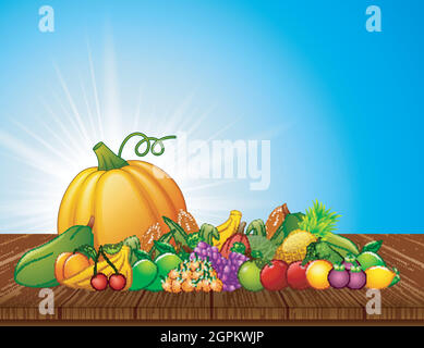 Cartoon fruits and vegetables on wooden table Stock Vector
