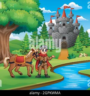 Cartoon of prince holding a horse on the river Stock Vector