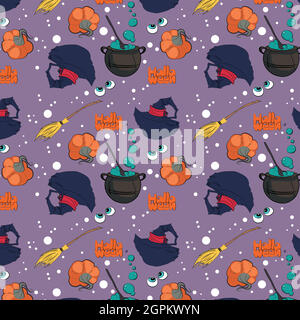 Witch's cauldron and white dots purple background Stock Vector