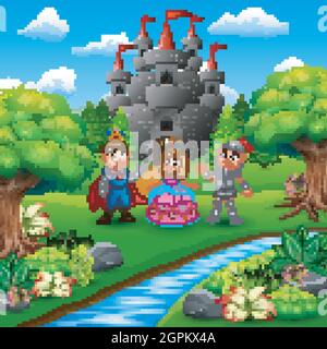 Knight with princess and prince couple in the castle yard Stock Vector ...