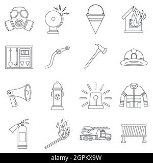 Fireman tools icons set, outline style Stock Vector